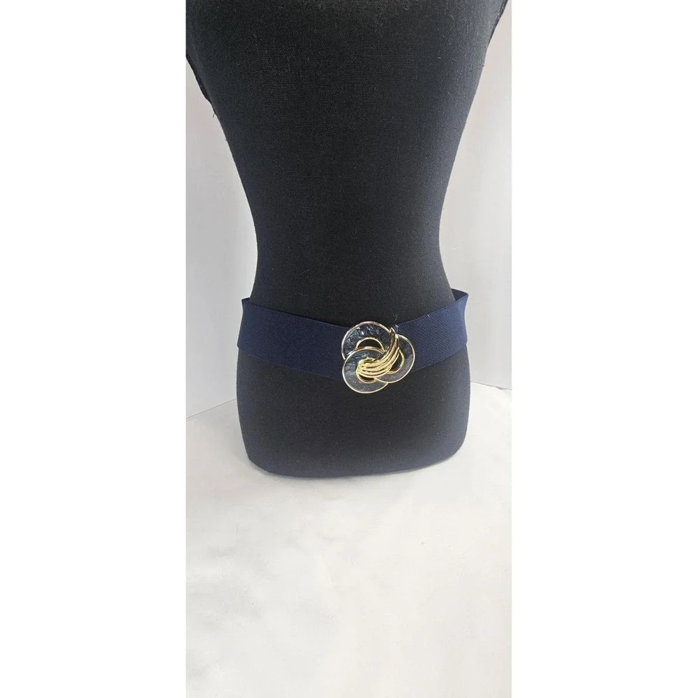 Vtg Day-Lor Women's Navy Elastic Waist Belt Enamel‎ Buckle Red Blue Beige Knot